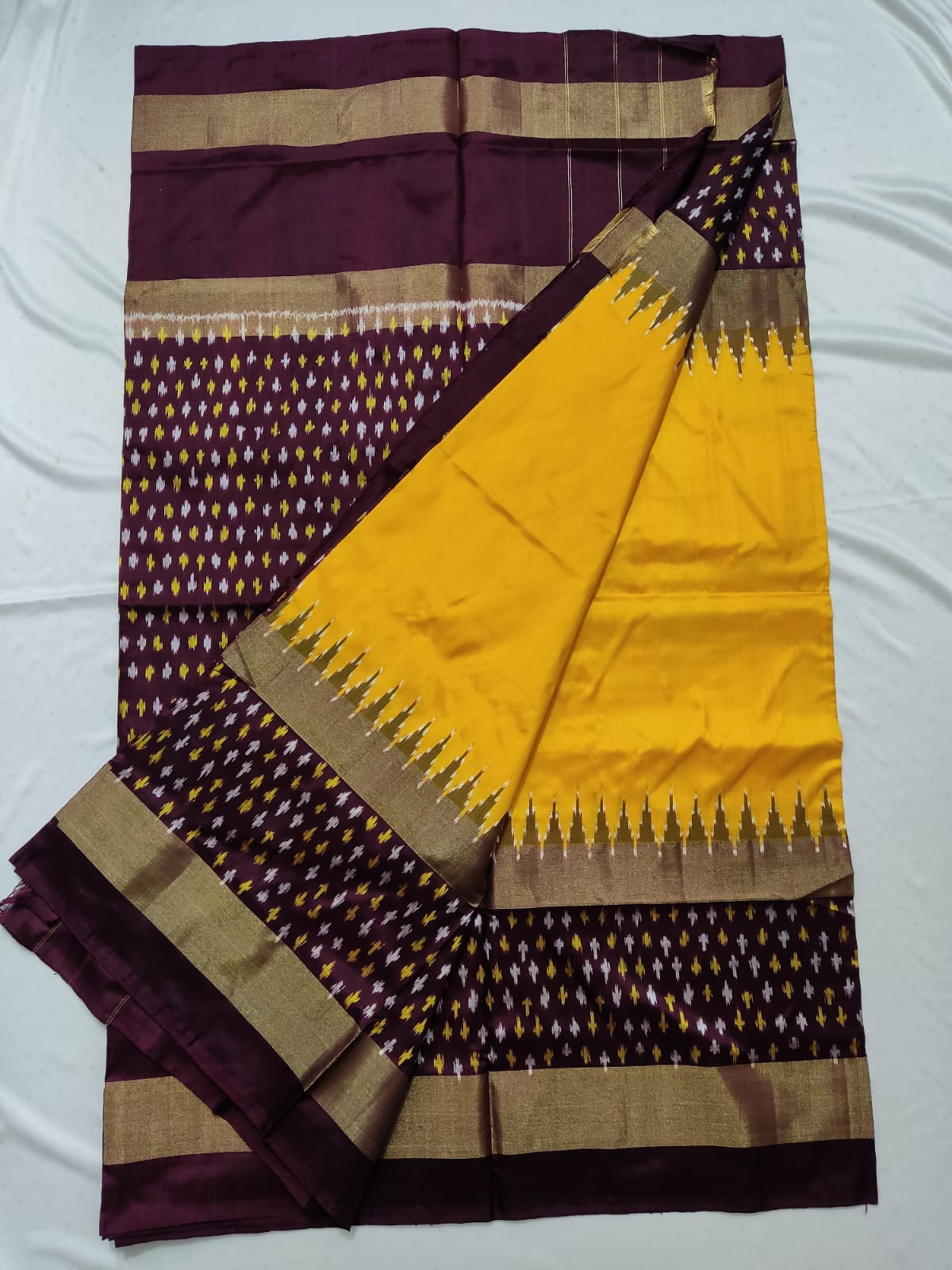 Yellow ikkat plain silk sarees