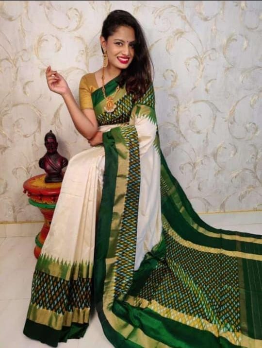 Cream with dark green ikkat plain silk sarees