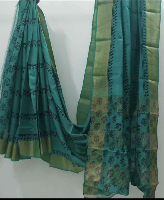 Green block print tussar silk sarees