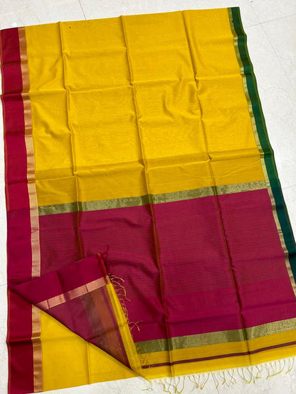 Yellow and red pure handloom Maheshwari sarees