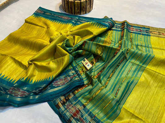 Lemon yellow with green Pure desi tussar silk pochampally border sarees