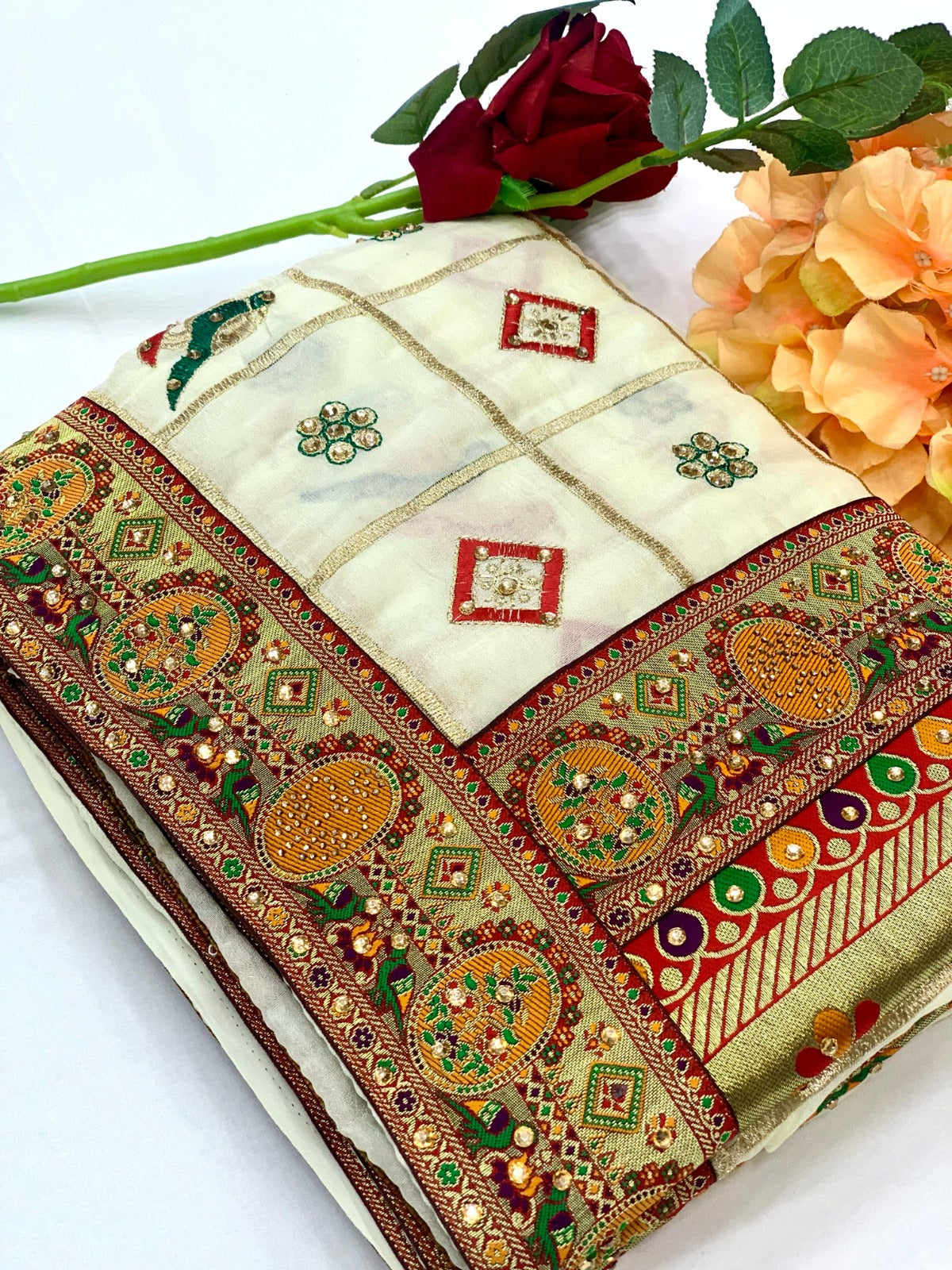 Cream Vichitra silk patola sarees