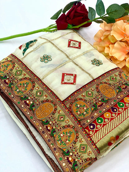 Cream Vichitra silk patola sarees