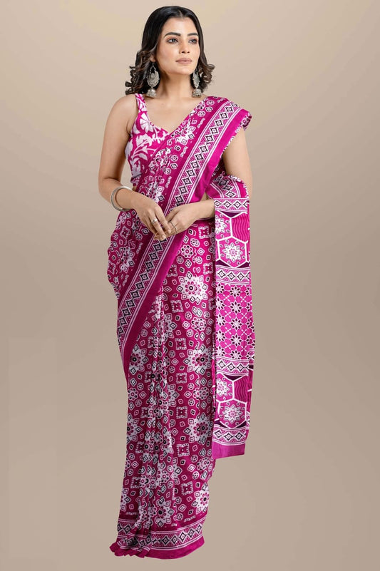 Dark pink Handblock printed mulmul cotton sarees