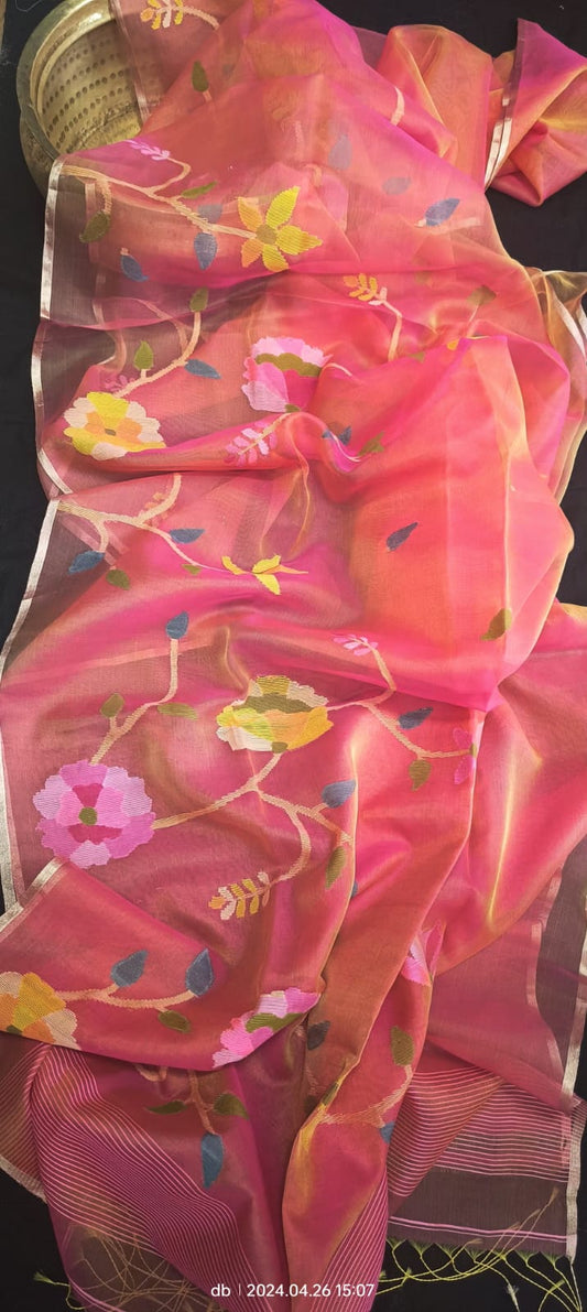 Peach mix pink Resham muslin jamdani sarees