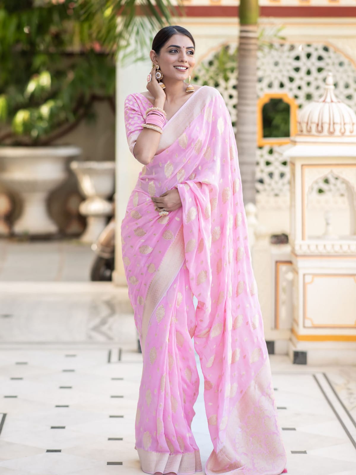 Fuchsia pink Banarasi semi georgette silk sarees