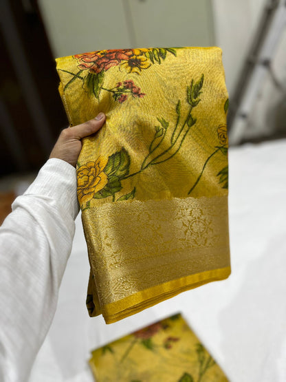 Gold banarasi Tissue silk printed sarees