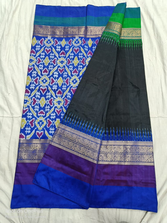 Black with dark blue ikkat silk sarees with jakat kanchi border