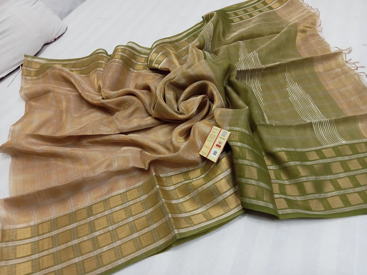 Light gold with green Pure handloom Tussar tissue silk sarees