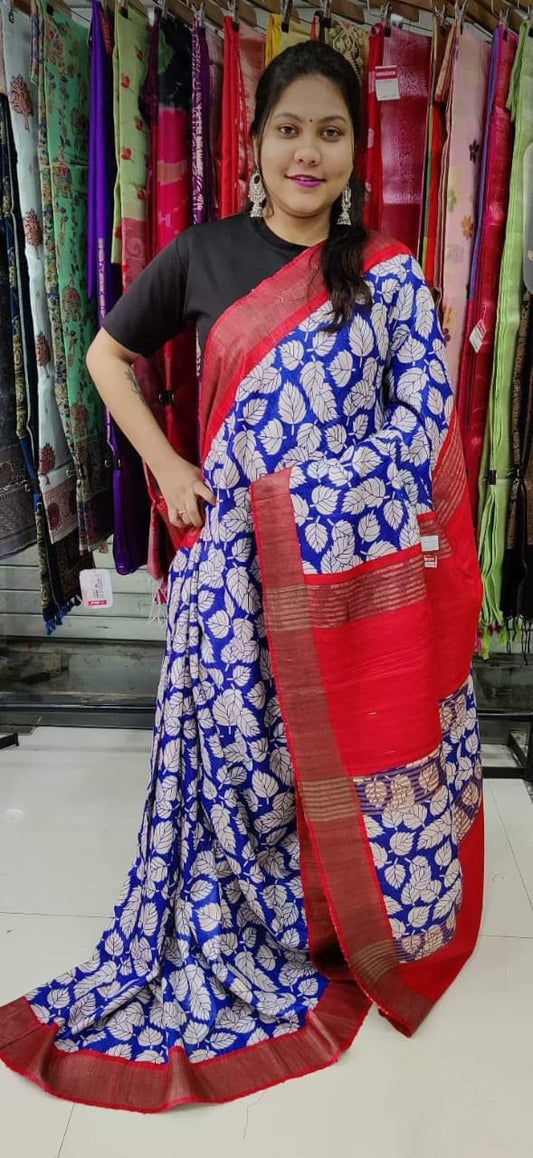 Dark blue Pure Tussar gicha screen print sarees