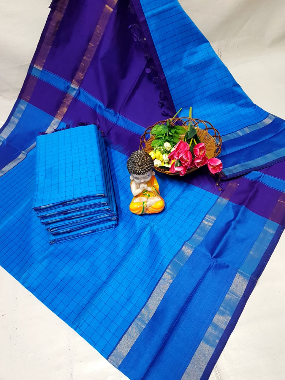 Light blue and navy blue Tripura silk mahanati checks sarees