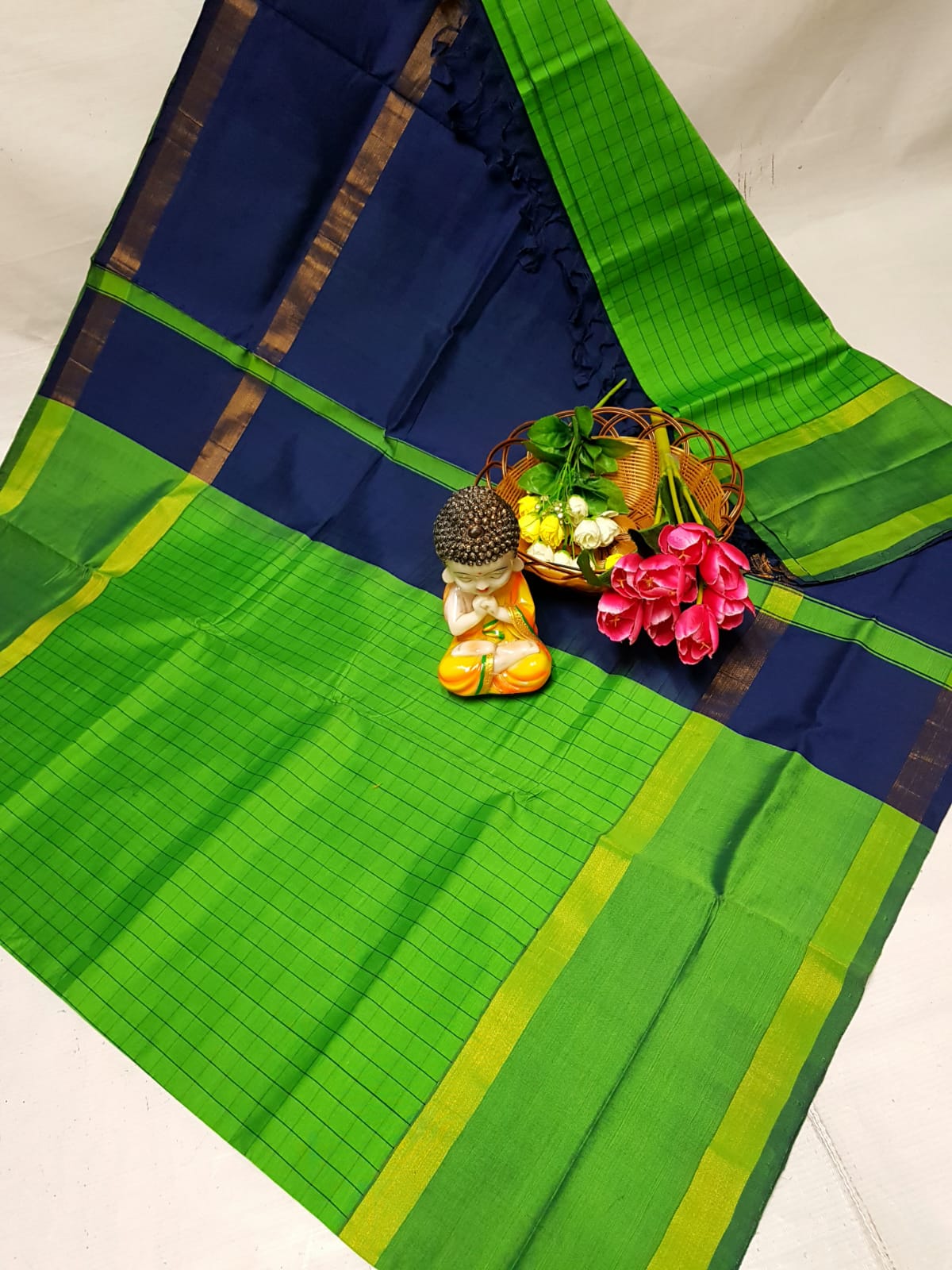 Parrot green Tripura silk mahanati checks sarees