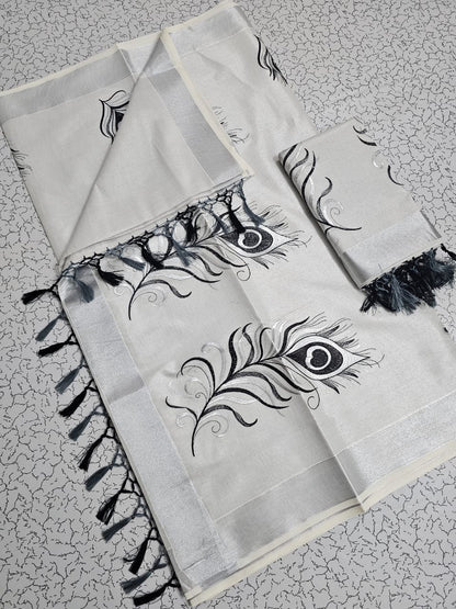 Onam Kerala silver tissue peacock feather embroidery sarees