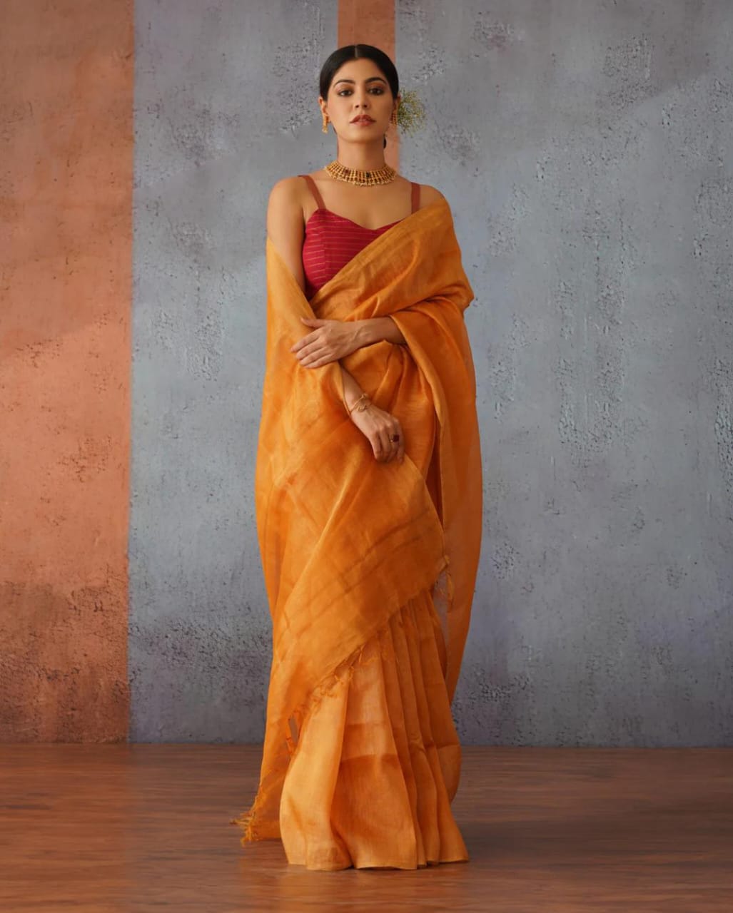 Orange festive wear silk linen sarees