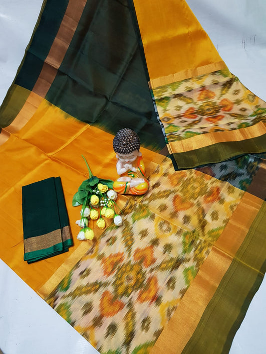 Mango yellow and dark green Uppada sarees with big pochampally border