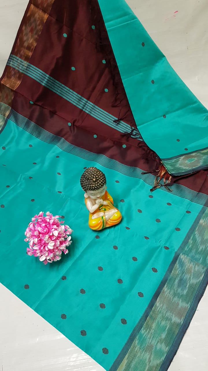 Turquoise and dark brown Tripura silk sarees with Pochampally border