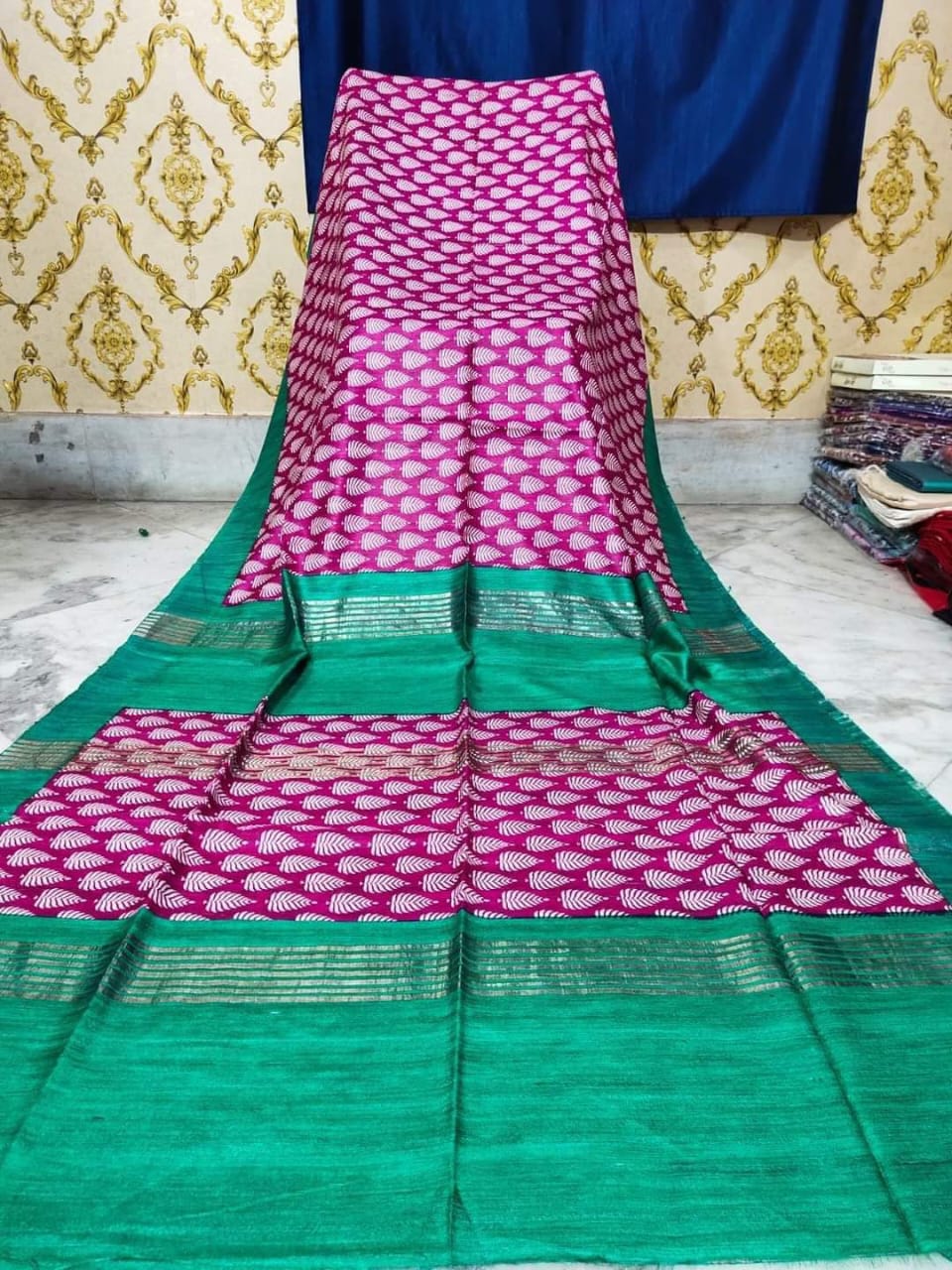 Pink and green Pure Tussar gicha screen print sarees