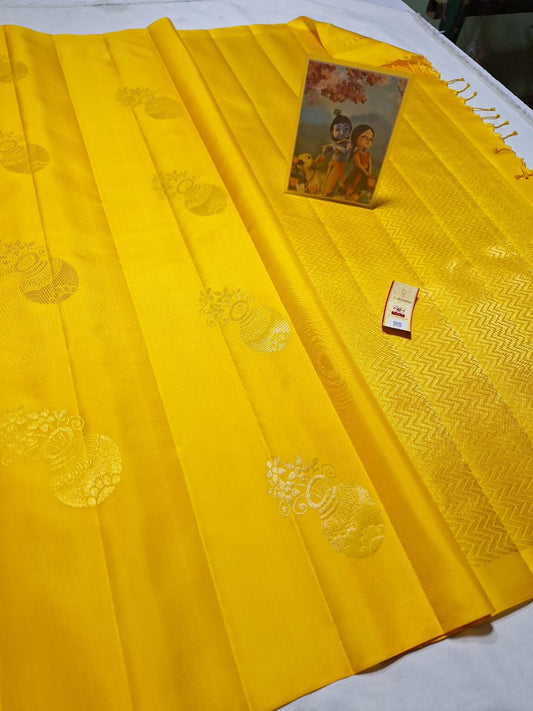 Yellow Pure kanchipuram plain soft silk sarees