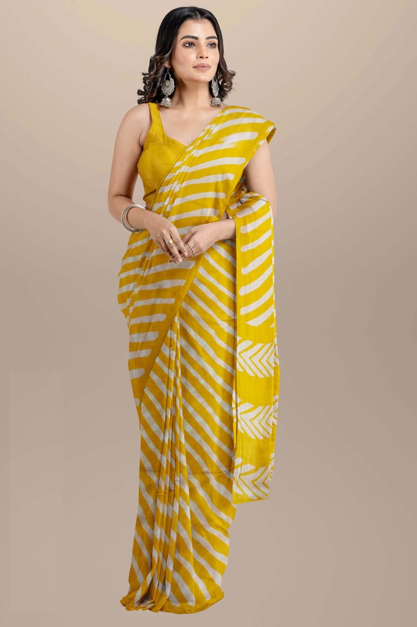 Yellow Handblock printed mulmul cotton sarees