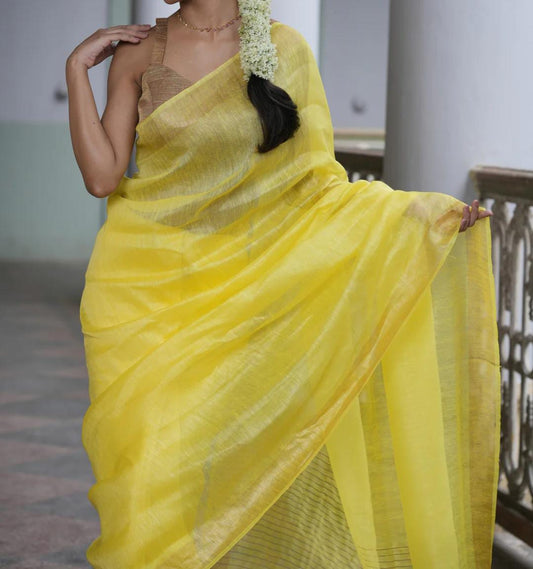 Yellow festive wear silk linen sarees