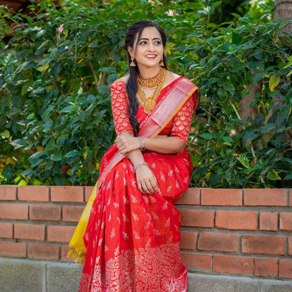 Red and yellow Kuppadam kanchi border sarees