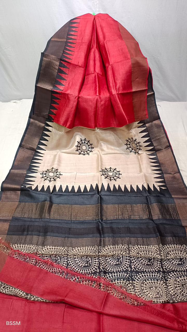 Red tussar silk hand block printed sarees