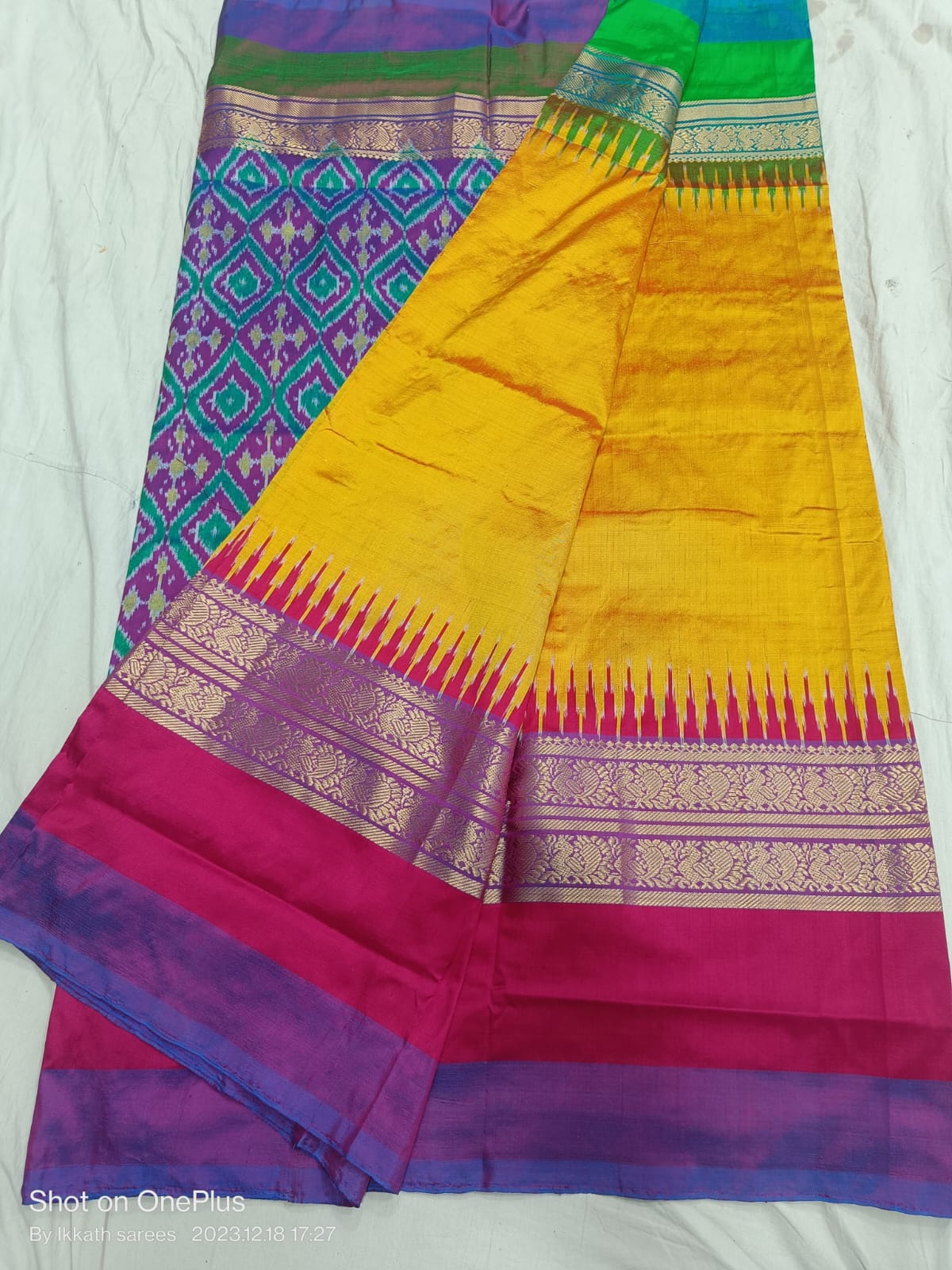 Mango yellow ikkat silk sarees with jakat kanchi border