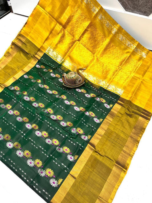 Bottle green and yellow Uppada sarees with pochampally border