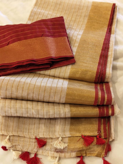 Beige linen checks sarees