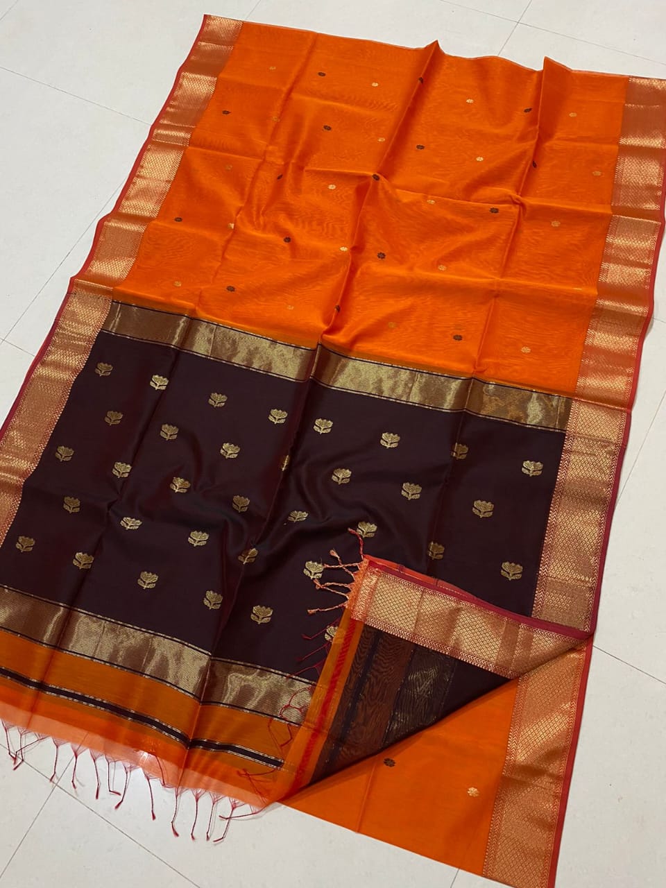 Orange and black Maheshwari sarees