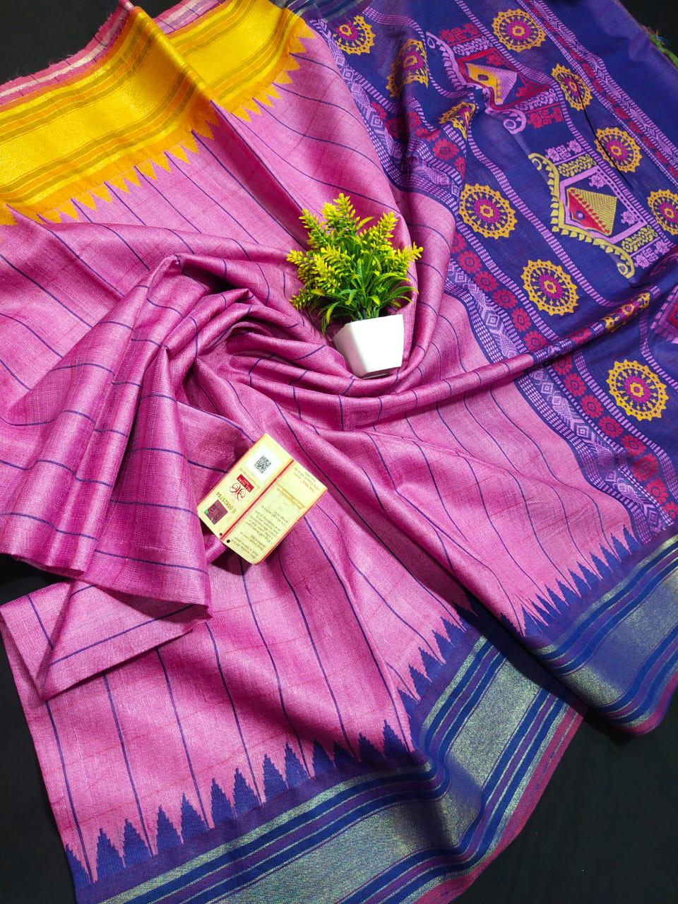 Pink and dark blue pure desi tussar silk sarees