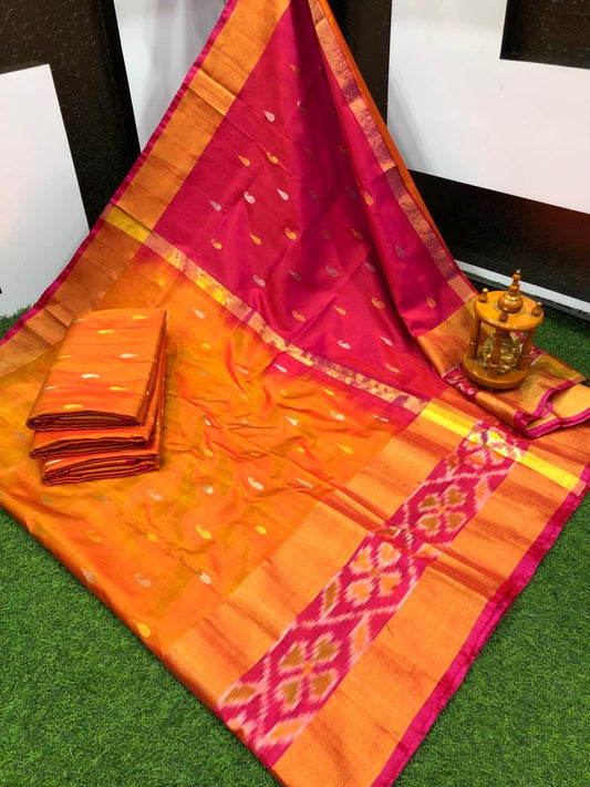 Orange and pink uppada pattu pochampally border sarees