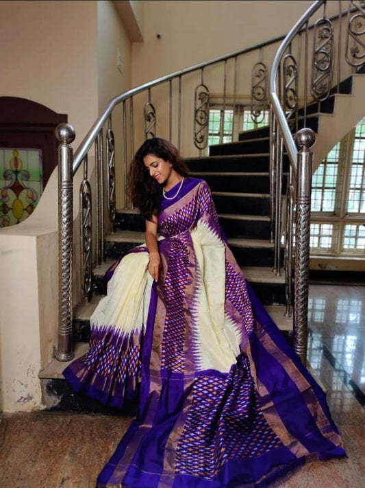 Cream and dark purple ikkat silk sarees