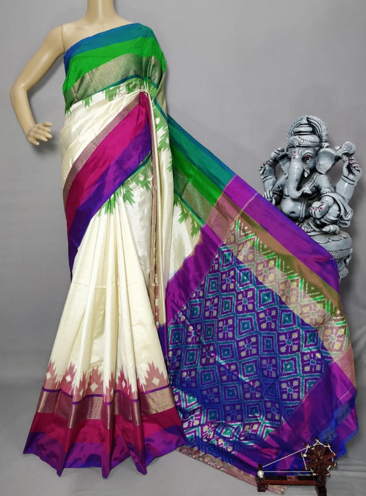 Cream and purple pochampally ikkat silk sarees