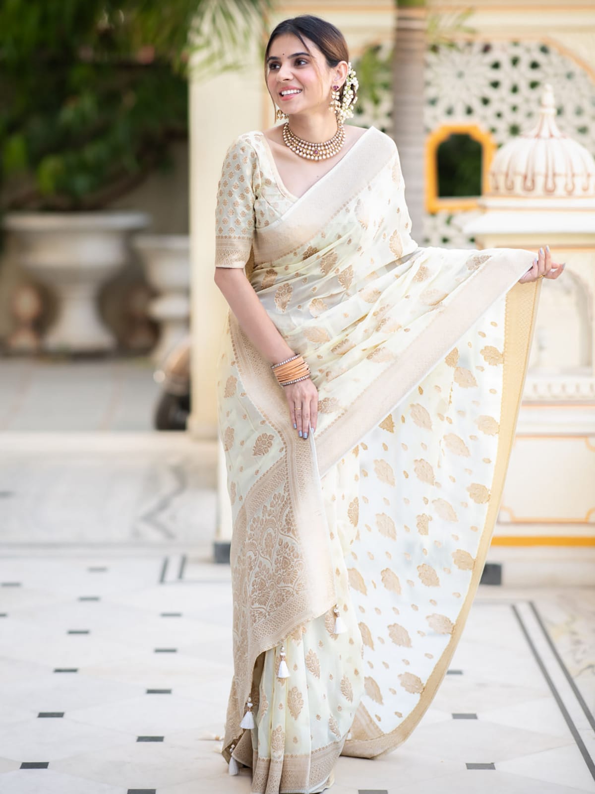 Cream Banarasi semi georgette silk sarees