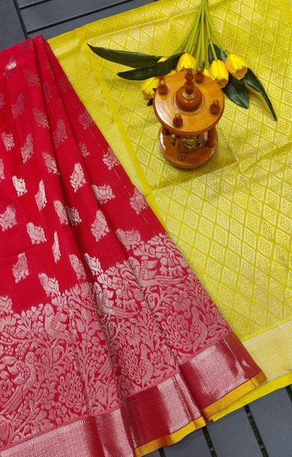 Red and yellow Kuppadam kanchi border sarees