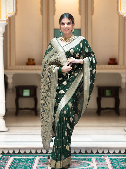 Bottle green Banarasi semi georgette silk sarees