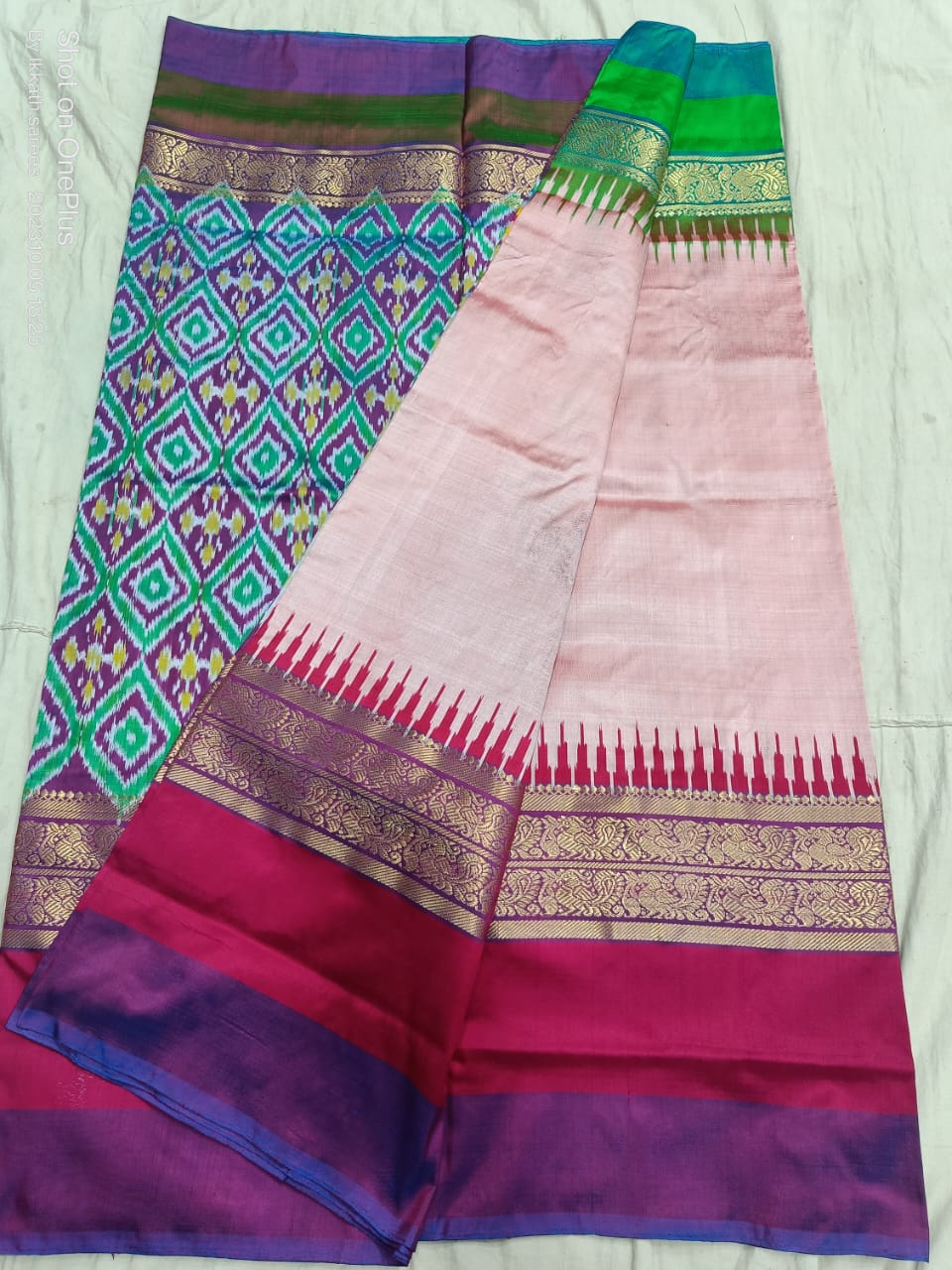 Baby pink ikkat silk sarees with jakat kanchi border