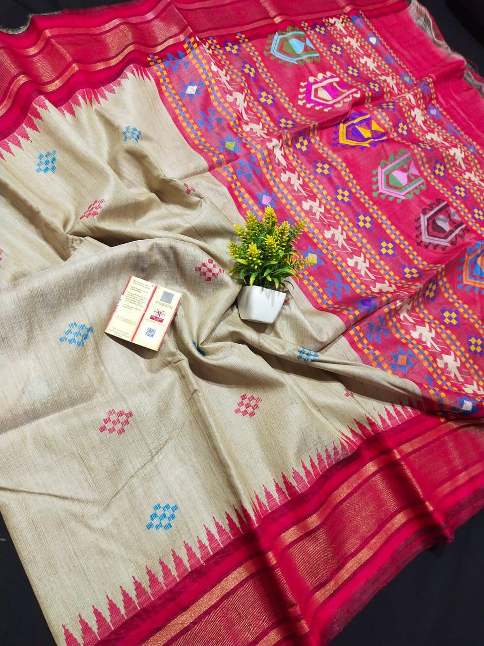 Beige with red mix pink desi tussar silk sarees