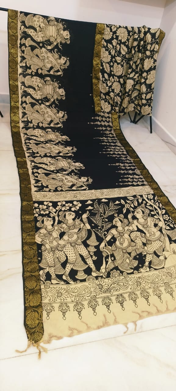 Black and white mangalagiri pen kalamkari sarees