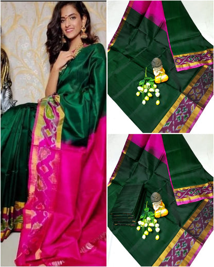 Dark green Uppada sarees with small pochampally border