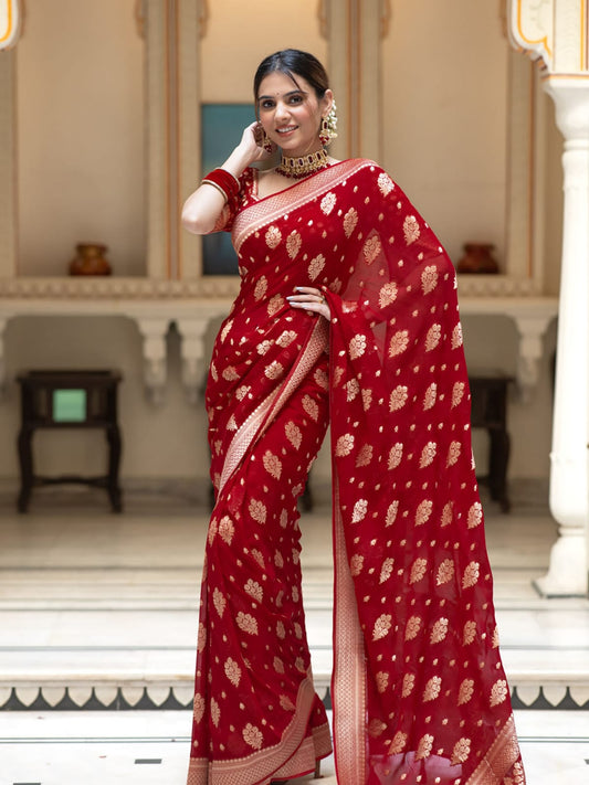 Chilli red Banarasi semi georgette silk sarees