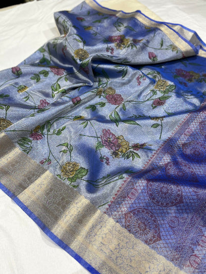 Blue banarasi Tissue silk printed sarees