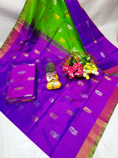 Purple handloom Uppada silk sarees with small border