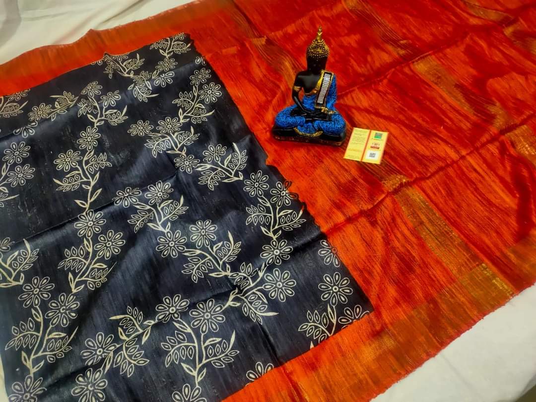 Black with orange Pure Tussar gicha screen print sarees