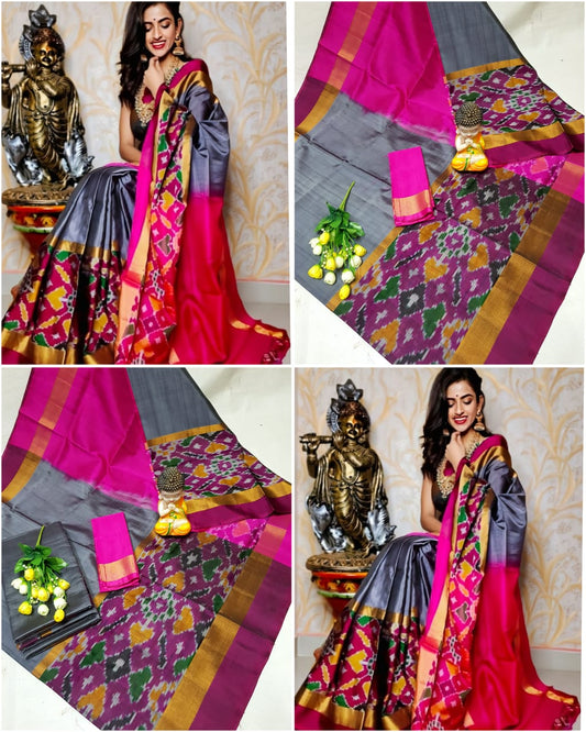 Grey Uppada sarees with big pochampally border