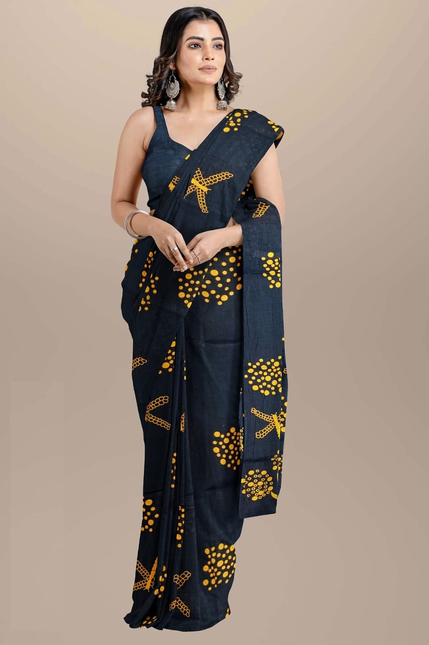 Black Handblock printed mulmul cotton sarees