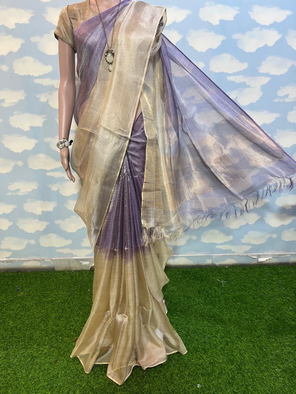 Gold with dark lilac Pure Tussar tissue silk sarees