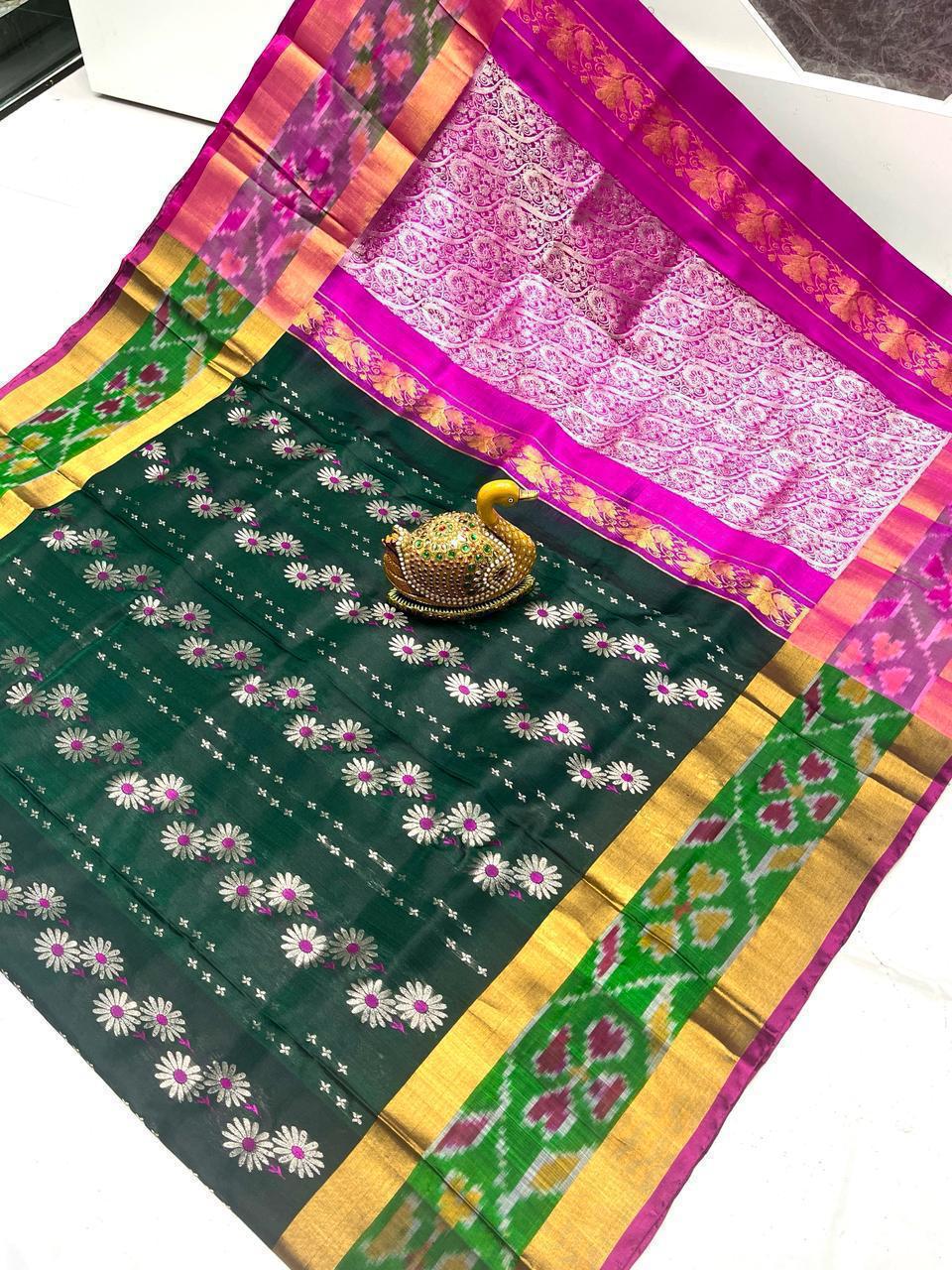 Dark green Uppada sarees with pochampally border