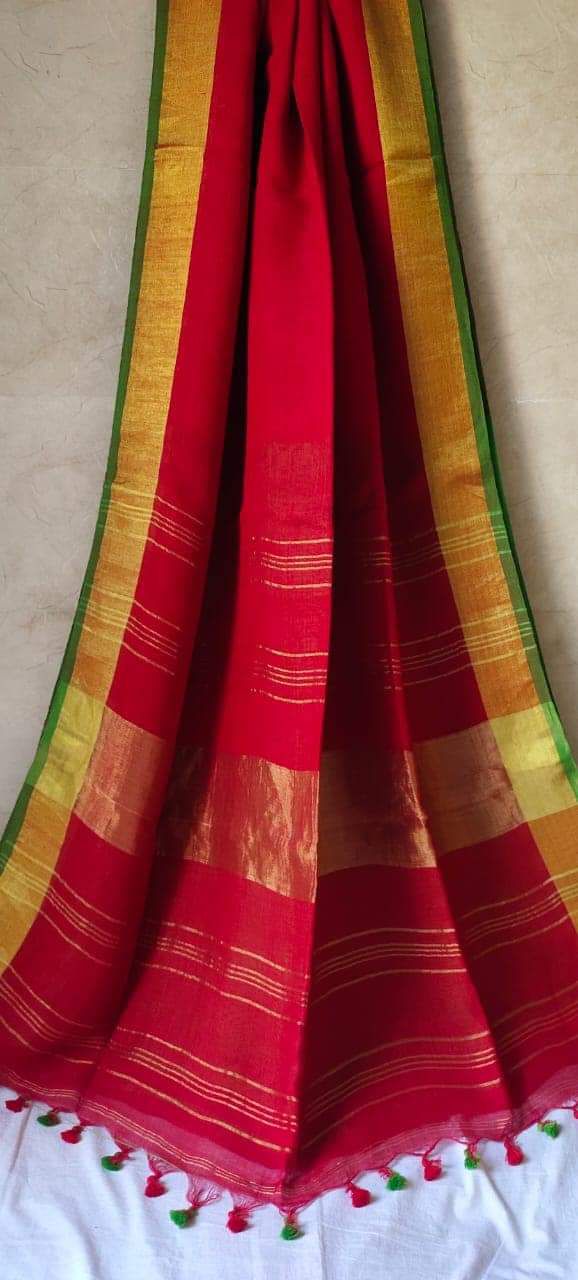 Red 120 counts linen by linen sarees